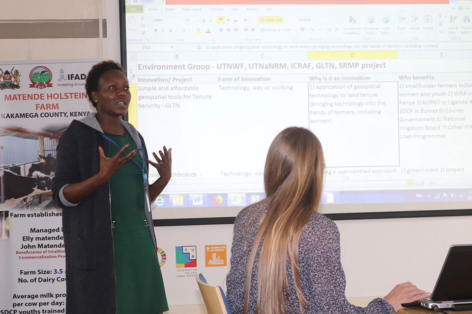 Agatha Wanyonyi of the GLTN Secretariat makes a presentation on lessons learnt and recommendations from the projects that had been shared during the learning event