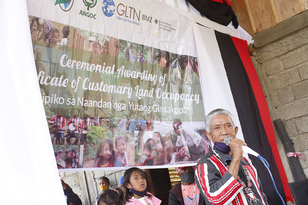 Datu Herminio Guinto, NAMAMAYUK Tribal Adviser delivering his appreciation speech during the awarding ceremony on July 23, 2020 at Sitio San Guinto, Bacusanon, Pangantucan, Bukidnon.